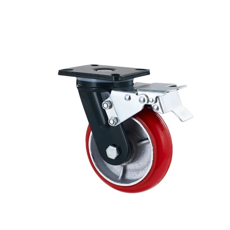 Red PU (Cast Iron Core) Wheel with Heavy Duty Mild Forged Steel Castor, Brake, 500kgs