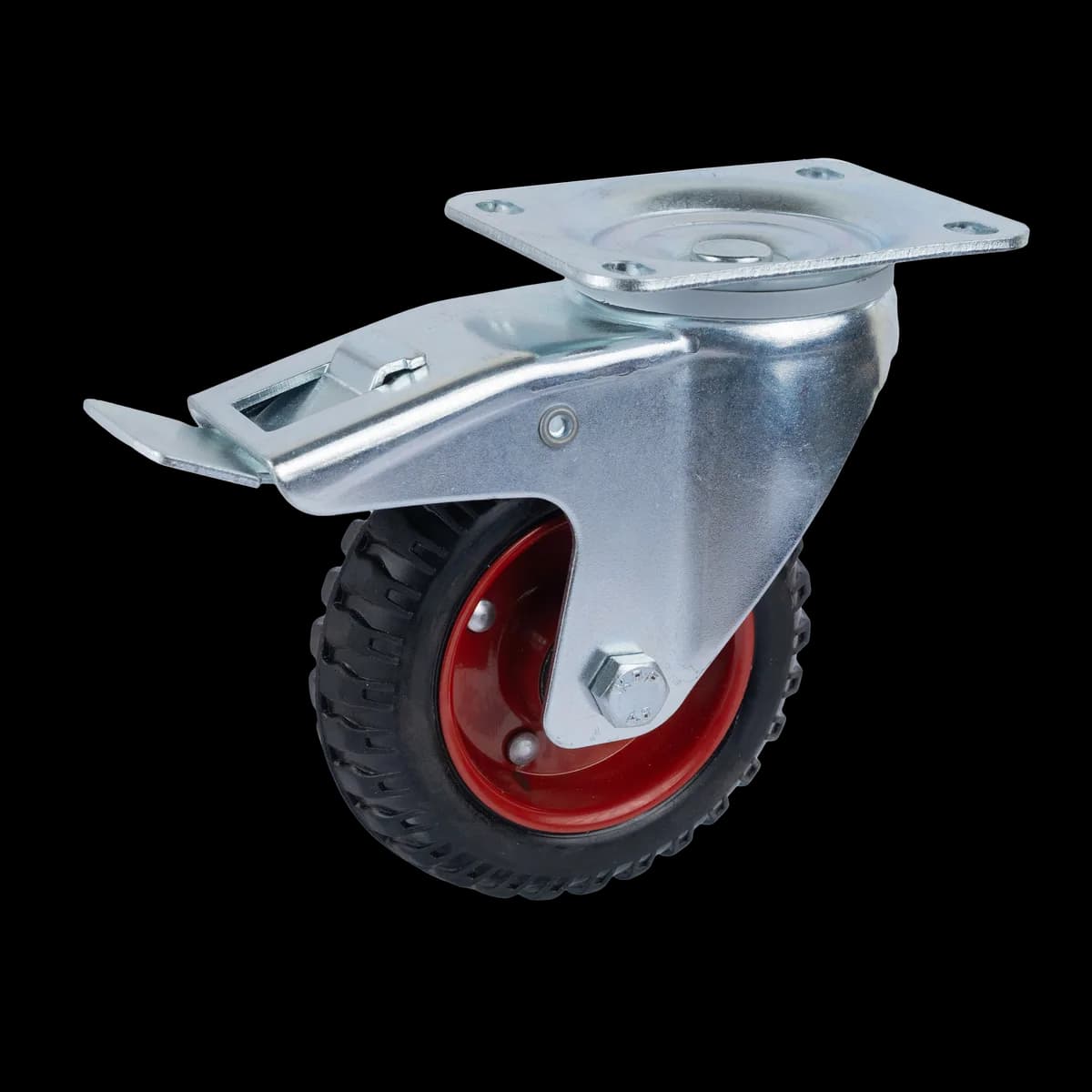 Solid Rubber Wheel with Pressed Mild Steel Castor, Brake, 160Kgs