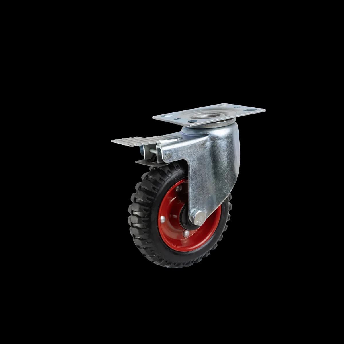 Solid Rubber Wheel with Pressed Mild Steel I-Let Type Castor, Brake, 180Kgs