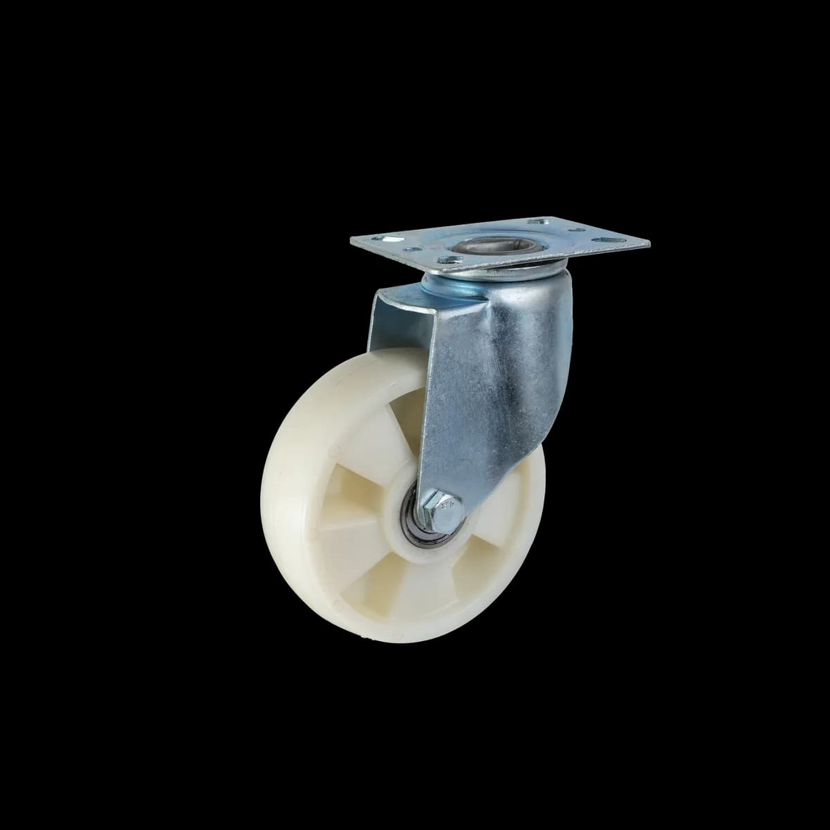 Nylon Wheel with Pressed Mild Steel I-Let Type Castor, Swivel, 180Kgs