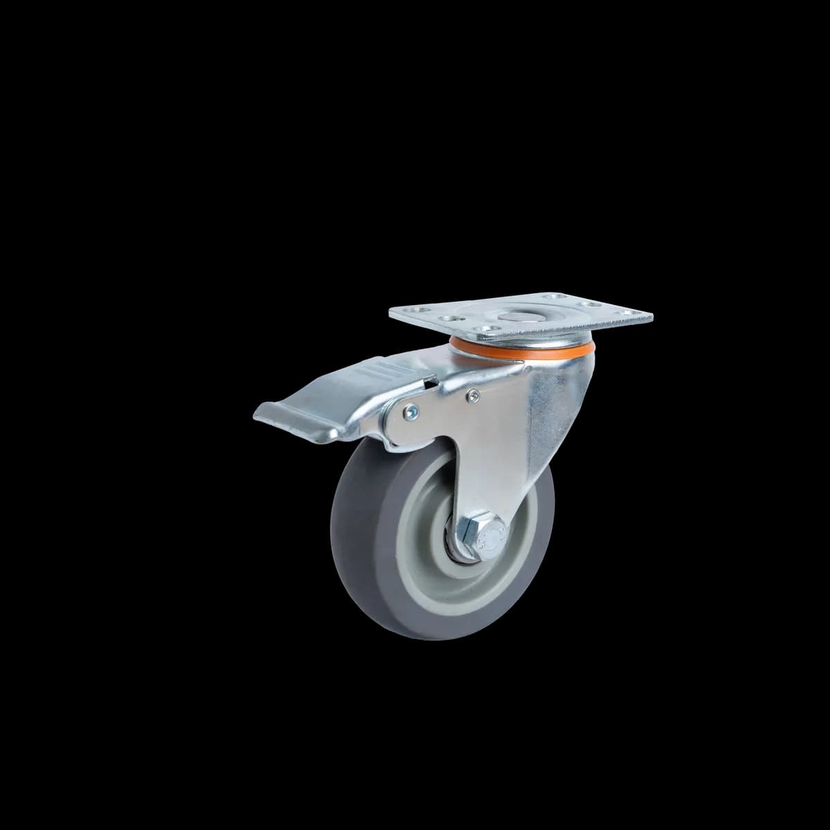 TPR castor wheel with pressed steel bracket and brake for industrial trolleys