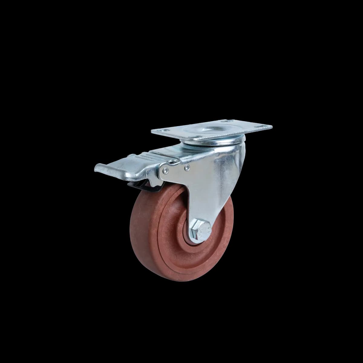 Glass Filled Nylon Wheel with Zinc Plated Pressed Mild Steel Castor, Brake, 100Kgs